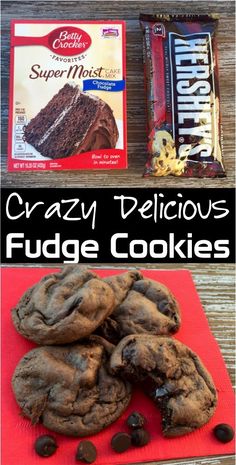 some cookies and chocolate chips are on a red napkin with the words crazy delicious fudge cookies