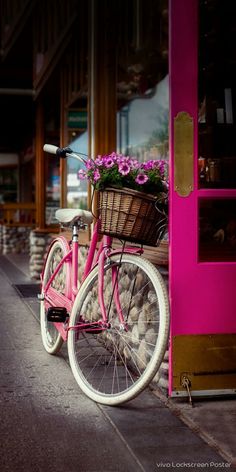 a pink bicycle parked next to a building with flowers in the basket royalty - free