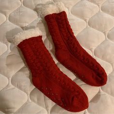 Fuzzy Knit Slipper Socks - Christmas Style! One Size Fits Most Nwot! Perfect Condition! Offers Welcome Bundle For A Discount Fuzzy Christmas Socks, Knit Slipper Socks, Socks Aesthetic, Christmas Slippers, Holiday Socks, Christmas Clothing, Socks Christmas, Fuzzy Socks, Christmas Style