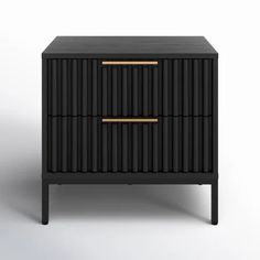 a black cabinet with two drawers and gold handles on the front, against a white background