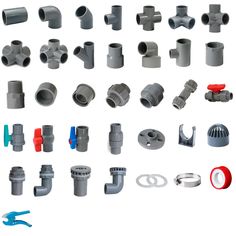 various types and sizes of pipe fittings are shown in this image, including plastic pipes