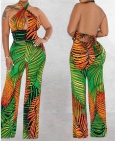 COLOR: MULTICOLORED GREEN SIZE: [S-M-L] DESCRIPTION: Tropical Print Halter Neck Jumpsuit Halter Pattern, Halter Neck Jumpsuit, Unisex Clothes, High Waist Wide Leg Pants, Green Jumpsuit, Long Jeans, Long Jumpsuits, Printed Jumpsuit, Todays Outfit