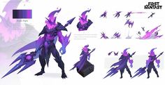 the concept art for an animated game character is shown in purple and black colors, with different