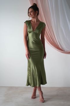 Nellie Soft Satin Midaxi Dress | Sage Green Olive Green Bridesmaid Dresses, Green Dress Outfit, Dress With Plunging Neckline, Sage Green Dress, Sage Green Bridesmaid Dress, White Bridal Dresses, Maxi Dress Wedding Guest, Sage Dress, White Bridesmaid Dresses