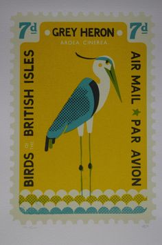 a postage stamp with a bird on it's front and the words grey heron