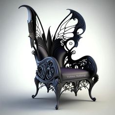 a black butterfly shaped chair sitting on top of a white floor next to a gray wall