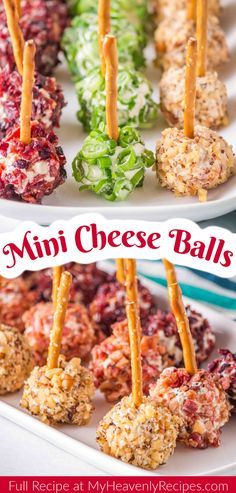 mini cheese balls on a white platter with text overlay that says mini cheese balls