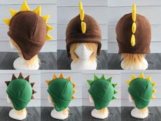 four different hats with spikes on them are shown in multiple pictures, one is brown and the other is green