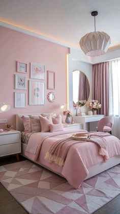 a bedroom decorated in pink and white with pictures on the wall above the headboard