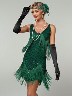 Women's Elegant Tassel Decor 1920s Vintage Style Dress, Cocktail Semi Formal Prom Wedding Guest Dress, For Birthday, Graduation, Dinner, Homecoming Green Party  Sleeveless Polyester Colorblock,Plain,All Over Print Tank Slight Stretch  Weddings & Events, size features are:Bust: ,Length: ,Sleeve Length: