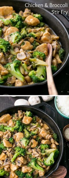 chicken and broccoli stir fry in a skillet