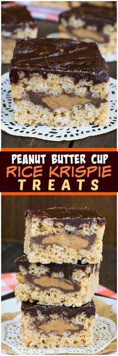 peanut butter cup rice krispie treats stacked on top of each other with chocolate frosting