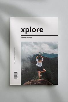 a woman doing yoga poses on top of a mountain with the words explore above her