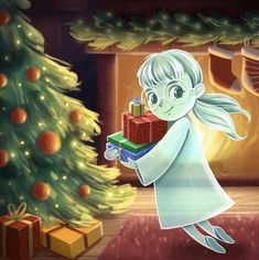 a cartoon character carrying presents in front of a christmas tree