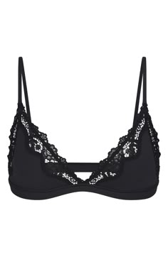 This buttery-soft triangle bralette with lace trim is a pullover style with a flattering fit from Kim Kardashian's sought-after SKIMS. 76% polyamide, 24% elastane Machine wash, tumble dry Imported Onyx Colour, Corded Lace, Triangle Bralette, Black Bralette, Triangle Bra, Black Bra, Lace Bralette, Pullover Styling, Lace Detail