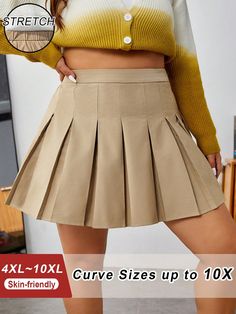 Plus Size Apricot Vintage Pleated High Waist Skirt Suitable For Casual, Evening, Office Wear Khaki Casual   Woven Fabric Plain Pleated Non-Stretch  Women Plus Clothing, size features are:Bust: ,Length: ,Sleeve Length: Strapless Backless Bra, Sleeveless Tops Summer, Spring Skirts, Plus Size Kleidung, Plus Size Skirts, Casual Skirt, Inspiration Mode, Office Wear, Plus Clothing