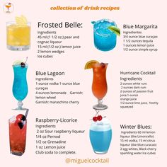 the different types of drinks are shown in this poster, which includes blue lagoon and lemonade