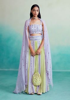 The Right Cut-Lavender Lime Amaya Skirt Set-INDIASPOPUP.COM Paneling With Mirror, Green Indian Outfit, Chanderi Lehenga, Digital Lavender, Skirt Top Set, Lime Color, Purple Mirror, Embroidered Belt, Sewing School