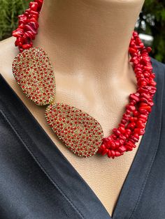 Chunky Red Coral Stone Necklace,Multistrand gemstone handmade necklace will elevate your spring stylings. This necklace is perfect for your daily outfits, special occasions, parties, birthdays, celebrations.  You can give gemstone necklace as a original gift for your mother, sister, wife, partner. Necklace Details Handmade item.  📐Lenght is 42 cm  📐10 cm adjustable chain. You can adjust lenght.  💎Gemstone :Coral Stone 💎Gemstone sizes:İrregular chip bead coral stone 💎Secondary Material:Red Z Luxury Red Coral Necklace With Round Beads, Red Jewelry With Lobster Clasp For Party, Red Party Jewelry With Lobster Clasp, Red Beaded Pendant Necklace With Natural Stones, Red Coral Pendant Necklace, Red Coral Jewelry With Natural Stones, Elegant Red Beaded Necklaces With Natural Stones, Elegant Red Beaded Necklace With Natural Stones, Elegant Red Crystal Necklaces With Natural Stones