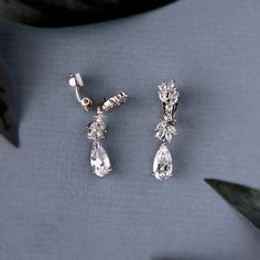 Clip-On CZ Elongated Pear Drop Earrings Classy Style, Cz Jewelry, Crystal Wedding, Silver Drop Earrings, Gold Drop Earrings, Bridal Hair Accessories, Leaf Shapes, Wedding Hair Accessories, Wedding Earrings