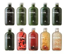 six bottles with different types of liquids in them and the words have been written on them