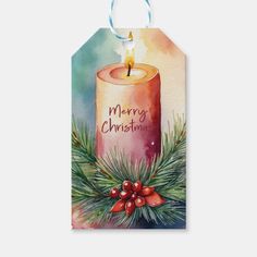 a watercolor painting of a christmas candle with pine branches and berries on the bottom