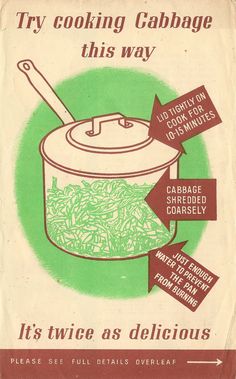 an old cookbook with instructions on how to cook cabbage in a pot and the words, try cooking cabbage this way it's twice as delicious