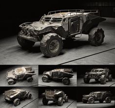 several pictures of an armored vehicle in various stages of construction, including the front and rear wheels