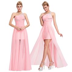 Elegant One Shoulder Pink Short Front Long Back Chiffon Bridesmaid Dress - Uniqistic.com Pink Chiffon Bridesmaid Dress For Banquet, Pink Chiffon Dress For Prom Banquet, Pink Chiffon Dress For Banquet, Pink Chiffon Dress For Wedding, Pink Sleeveless Chiffon Dress For Banquet, Pink Floor-length Chiffon Dress, Pink Chiffon Bridesmaid Dress For Prom Season, Chiffon Dress For Prom Season Banquet, Pink Chiffon Evening Dress With Sweep Train