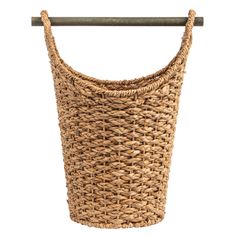 a woven basket hanging on a metal rod