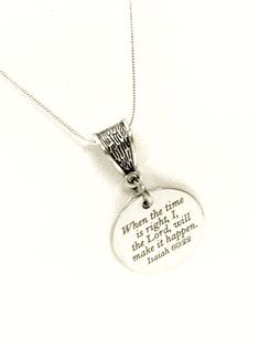 "This beautiful necklace has a laser engraved stainless steel heart pendant on a sterling silver plated snake chain. The pendant has \"When the time is right, I the Lord will make it happen\" from Isaiah 60:22. This would be a great gift to give someone that is working toward a major goal! This item contains small pieces and is not intended for children under the age of 14. Need your order fast? Request a Rush Order: https://www.etsy.com/listing/532269819/rush-order-upgrade-to-1-day-processing?r Star Bible Verse, Isaiah 60 22, Bible Verse Jewelry, Bible Verse Necklace, Scripture Jewelry, Scripture Gift, Hamsa Earrings, Hamsa Jewelry, Bible Verse Gifts