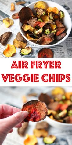 air fryer veggie chips are being held up in front of the camera