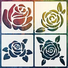 four stencils with flowers on them in different colors and shapes, each one being cut into smaller squares