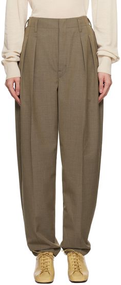 Tapered polyester- and wool-blend delaine trousers. · Belt loops · Cinch tabs at waistband · Four-pocket styling · Zip-fly · Pleated front · Creased legs · Partial cotton twill lining Supplier color: Beige grey Tapered Pants Outfit, Taper Pants, Tapered Trousers, Wool Trousers, Twill Pants, Tapered Pants, Pleated Pants, High Waisted Trousers, Pants Outfit