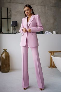 Fabric: High-quality suiting fabric crepe Cotton 65%, Polyester 35% Included: blazer and pants Peak lapel Single-breasted (1 button blazer) High-rise flared pants Fitting: Slim-Fit Sleeve length: 62 cm/ 24.4 in Pants length: 115 cm/ 45.2 in Lining option: Fully-Lined Jacket vent: Double vent Colors: Red, Blue, Dusty Pink, White, Black Single-breasted Pantsuit With Suit Collar, Double-breasted Suiting Fabric Sets For Office, Workwear Pantsuit In Suiting Fabric, Suiting Fabric Pantsuit With Suit Collar For Work, Professional Tailored Single Breasted Pantsuit, Professional Tailored Single-breasted Pantsuit, Tailored Single-breasted Professional Pantsuit, Single Breasted Notched Pantsuit For Office, Tailored Notched Pantsuit For Office