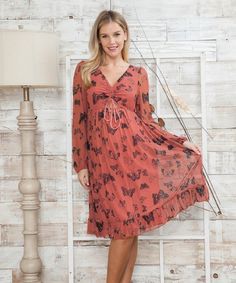 What a beautiful way to welcome spring! This feminine butterfly shift dress makes a fashion statement with a v-neck cinch front with cutout, sheer arms, and ruffle bottom. Perfect for a spring baby shower! Colors: Olive Green, Rust 96% Polyester, 4% Spandex Size: S (0-4), M (6-8), L (12-14), XL (16-18) Questions? Use the chat icon to connect with a stylist! Baby Shower Colors, Shower Colors, Maternity Stores, Chat Icon, Spring Baby Shower, Pre Pregnancy, Butterfly Dress, Spring Baby, Welcome Spring