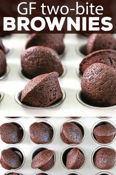 chocolate cupcakes in muffin tins with the words gf two bite brownies