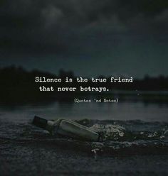 an empty bottle floating in the water with a quote on it that reads, silence is the true friend that never leaves