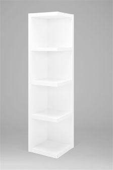 a tall white shelf with three shelves on each side and no one in the room