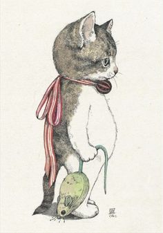 a drawing of a cat with a mouse in it's mouth and wearing a scarf around its neck