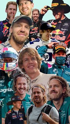 a collage of many people and one is wearing a helmet