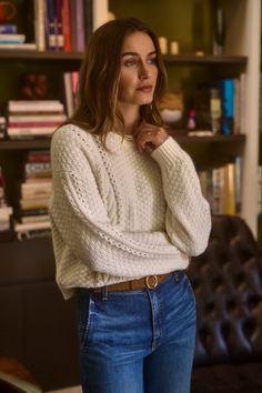 A person wearing the MARLEY SWEATER by Velvet by Graham & Spencer Style Crew Neck Sweater, White Waffle Knit Sweater, British Country Style Women, Cable Sweater Outfit, English Country Style Outfits, Sweater For Women Winter, Cropped V Neck Sweater, Chunky Sweater Outfit, Cable Knit Sweater Outfit