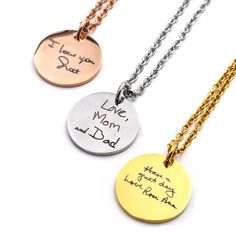 Details How to Order Shipping This personalized charm necklace captures a loved one's actual handwriting. The perfect way to forever memorialize a departed loved one. Ideas for capturing a handwriting sample: letters, greeting cards or gift tags. Size: 19mm (approximately 3/4") Includes 20" Cable/Link Chain Necklace with Lobster Clasp Material: 316L Stainless Steel Color Choice: Steel (silver), Rose Gold, or Gold How to order: STEP 1:Select Finish: Silver, Gold or Rose Gold STEP 2:Take a picture Personalized Meaningful Jewelry, Personalized Signature Jewelry As Gift, Personalized Signature Jewelry For Gift, Personalized Signature Style Jewelry As A Gift, Personalized Hand Stamped Charm Necklaces, Everyday Engraved Jewelry For Father's Day, Father's Day Everyday Jewelry With Engraved Text, Meaningful Sterling Silver Jewelry With Engraved Text, Father's Day Everyday Engraved Jewelry