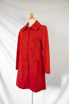 "MOD suede coat with suede and gold covered buttons. Large welt pockets. Slight flare shape. In great condition, doesn't look like it's been worn often. Best fits size small and even extra small with some room. This is a 3/4 length coat. Measurements: Shoulder 16\" Sleeve 23\" Pit to Pit 19\" Waist 18\" Length 35\"" Womens Jackets, Suede Coat, Small Photos, Double Breasted Blazer, Covered Buttons, Welt Pockets, Orange Red, Black And Tan, Black Sweaters