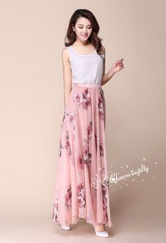 32 Colors Pink Flowers Chiffon Skirt Long Maxi by CHARMINGDIY Tea Length Bridesmaid Dresses, Holiday Dresses Women, Pleat Dress, Skirt Plus Size, Maxi Sundress, Beach Skirt, Dress Beach, Skirt Long, Lightweight Dress