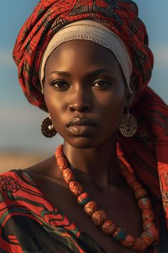 an african woman wearing a red head wrap and large earrings, looking at the camera