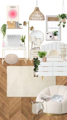 a collage of white furniture and plants