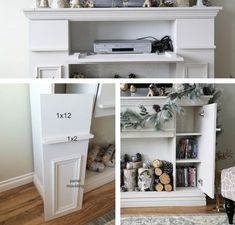 four different views of a white entertainment center with christmas decorations on the shelves and below