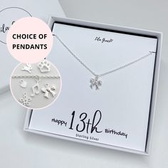 Perfect gift for a happy 13th birthday gift. Sterling silver necklace with your choice chain length and pendant, choose from the music note, paw print, rabbit, mini heart, flower, rabbit or bow. It comes in a luxury white jewellery box, the necklace will be attached to the card, this slots inside a resealable clear bag and then fits perfectly in the jewellery box.  Option to personalise the jewellery card to add a name to the top of the card, add more wording to the bottom and change the age to Jewellery Card, White Jewellery, 13th Birthday Gifts, Happy 13th Birthday, Belcher Chain, White Jewelry Box, Heart Flower, Bow Necklace, Clear Bag