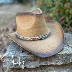 Brown Ombr, With Gold Chain Hat Band With Colorful Pebble Stones And Beads. Beaded Rodeo Hat With Curved Brim, Beaded Curved Brim Hat For Rodeo, Beaded Hat With Curved Brim For Rodeo, Southern Style Brown Hat Bands For The Beach, Country Style Beaded Hat With Curved Brim, Southern Style Brown Hat Bands For Beach, Southern Style Brown Hat Band For Beach, Summer Brown Beaded Hat, Beaded Fedora Sun Hat For Rodeo